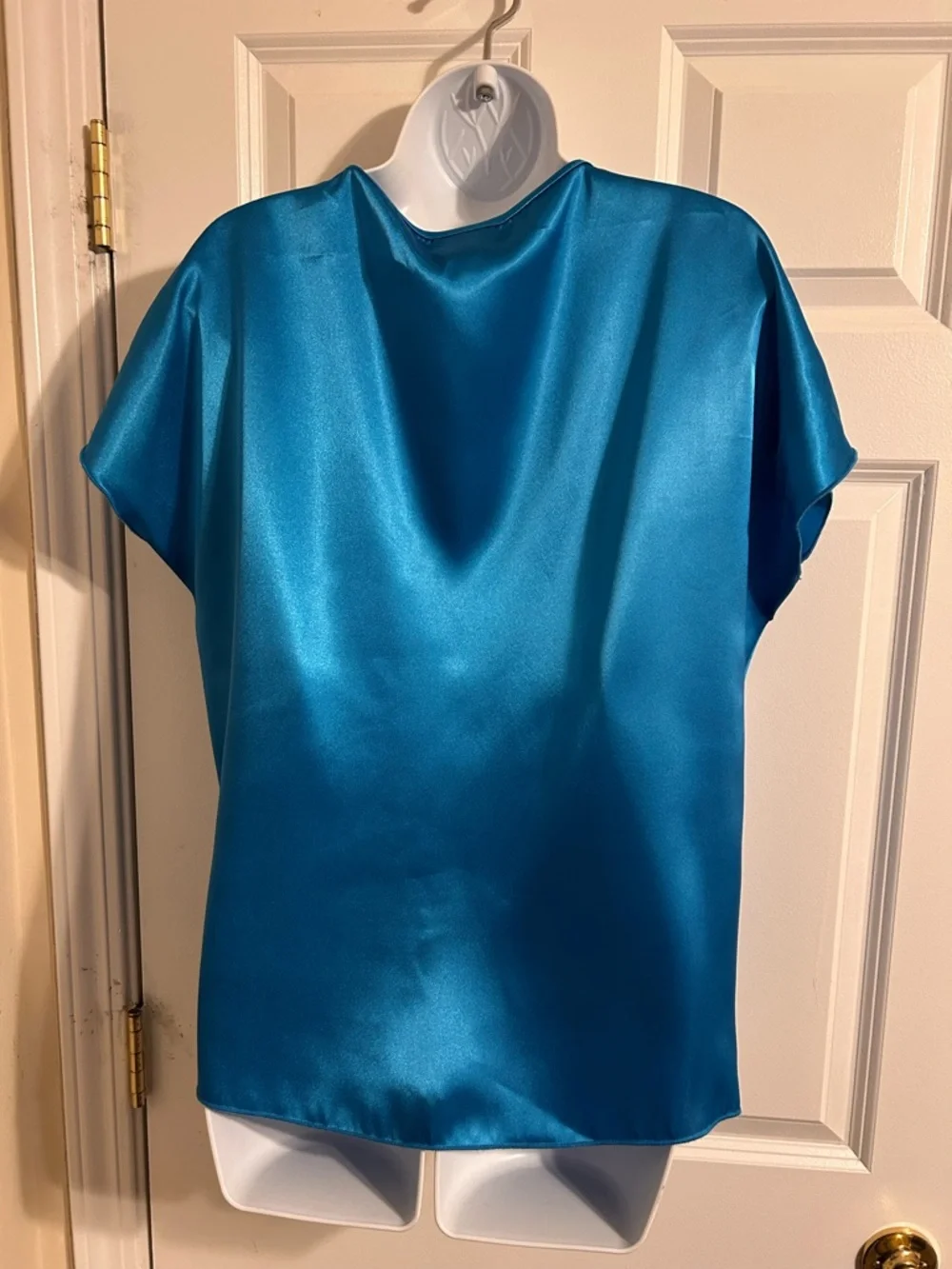 Nicole Miller Satin V-Neck Blouse in Teal Blue - Picture 2 of 4